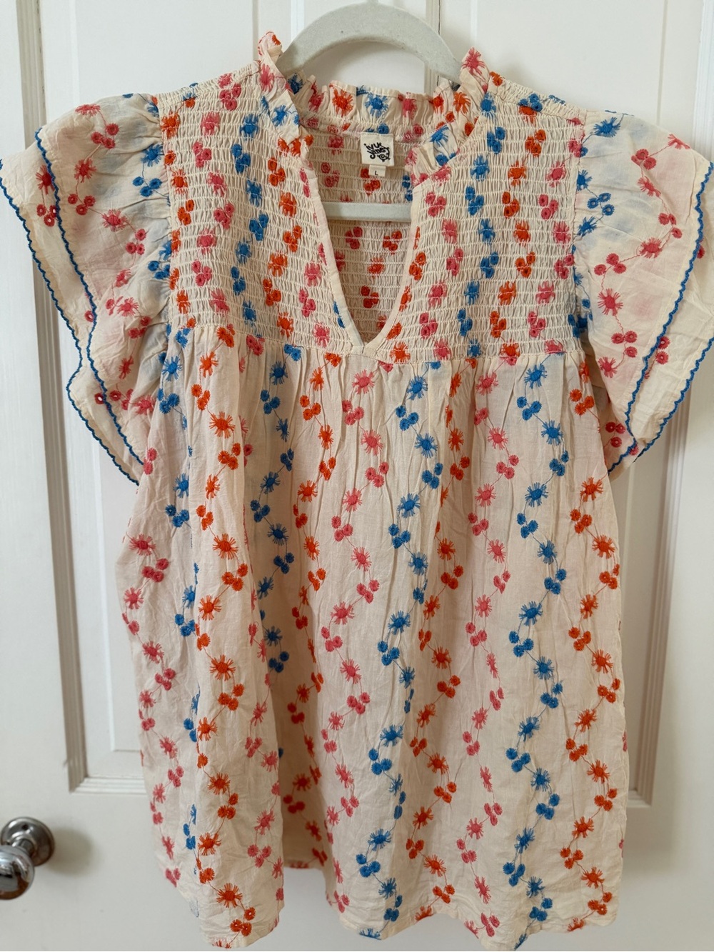 ivy jane Cream Floral Smocked V-Neck Tunic with Blue Pink Orange Embroidery